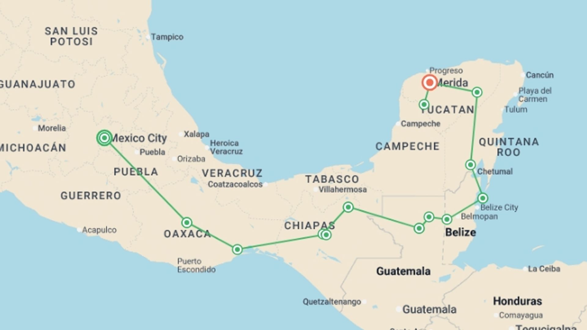 A map showing the tour itinerary for the trip: Contrasts of Mexico + Yucatan Peninsula Extension, starting in Mexico City, Mexico and ending in Merida, Mexico going through 12 other destinations.