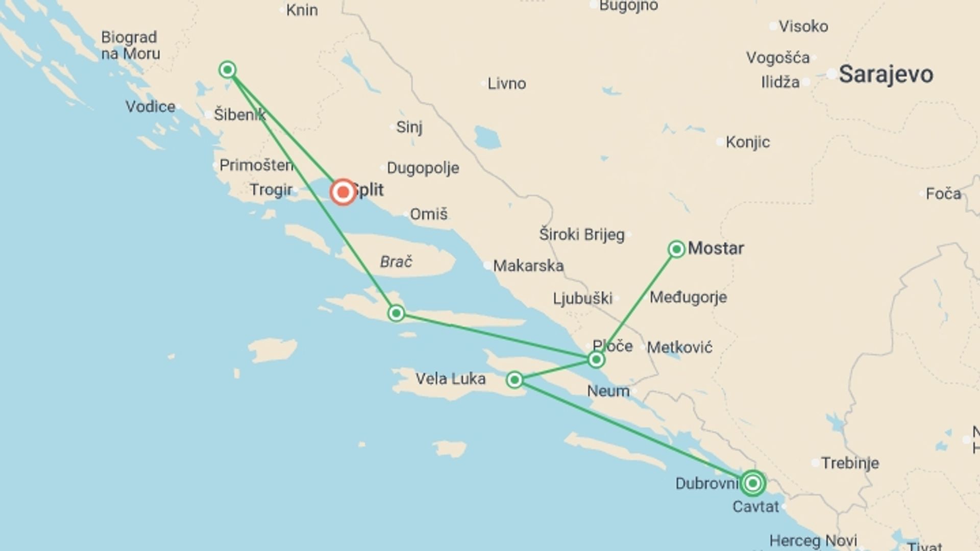A map showing the tour itinerary for the trip: Croatian Coastal Cruising: Dubrovnik to Split (Aurora), starting in Dubrovnik, Croatia and ending in Split, Croatia going through 5 other destinations.