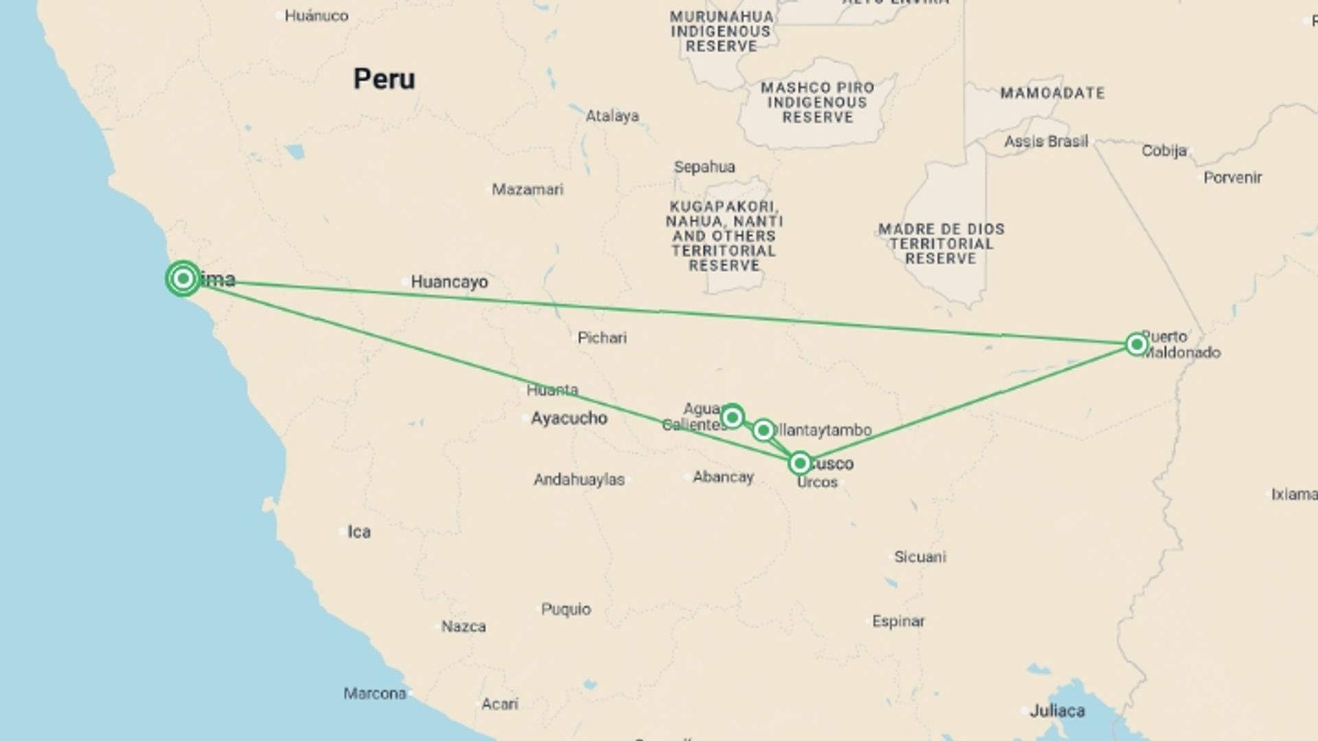 A map showing the tour itinerary for the trip: Inca Trail & Amazon Adventure, starting in Lima, Peru and ending in Lima, Peru going through 6 other destinations.