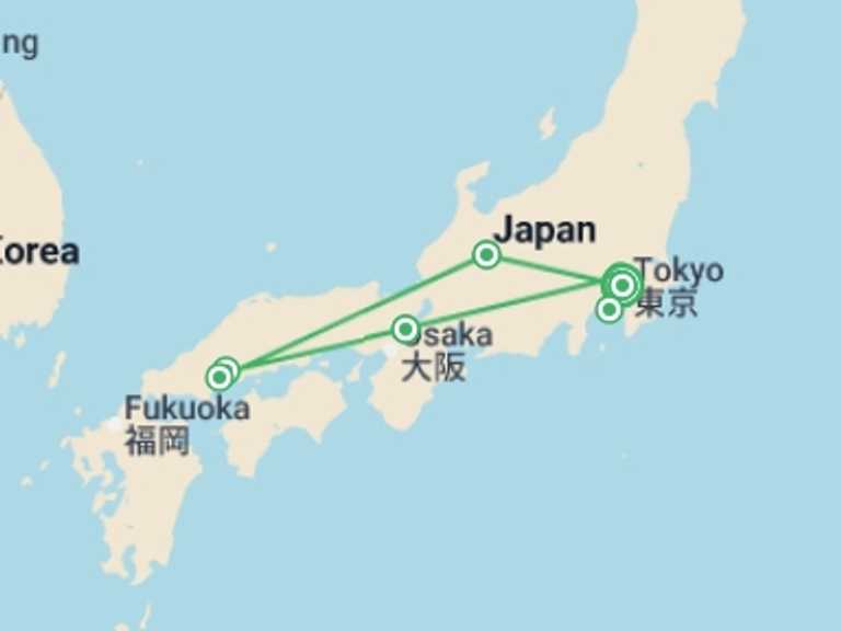 Map of Japan Tour with 8 destination visits for the trip: Tokyo to Takayama - 13 days