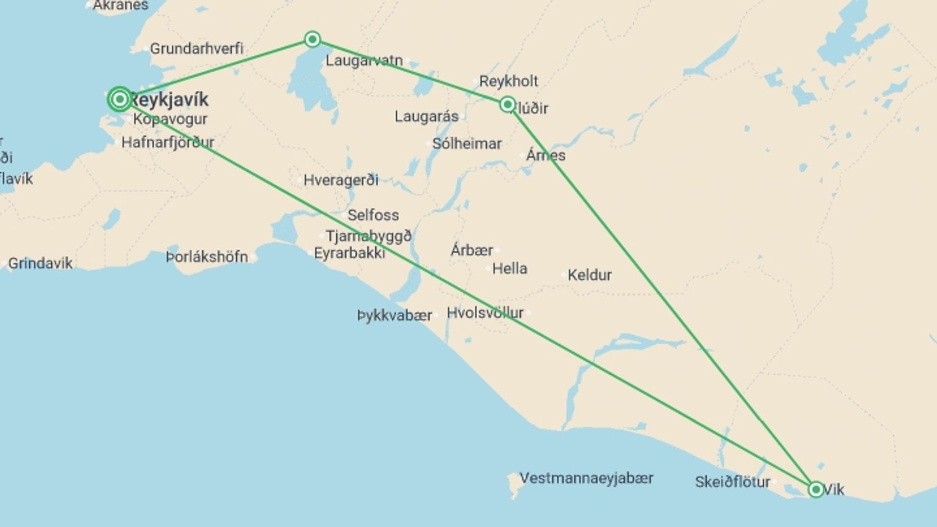 A map showing the tour itinerary for the trip: Scenic Iceland and the Northern Lights, starting in Reykjavik, Iceland and ending in Reykjavik, Iceland going through 3 other destinations.