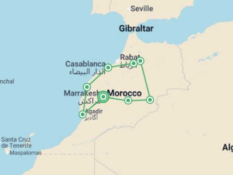 Map itinerary of Mediterranean Tour in March 2026 with 8 destination visits for the trip: From the Ocean to Desert