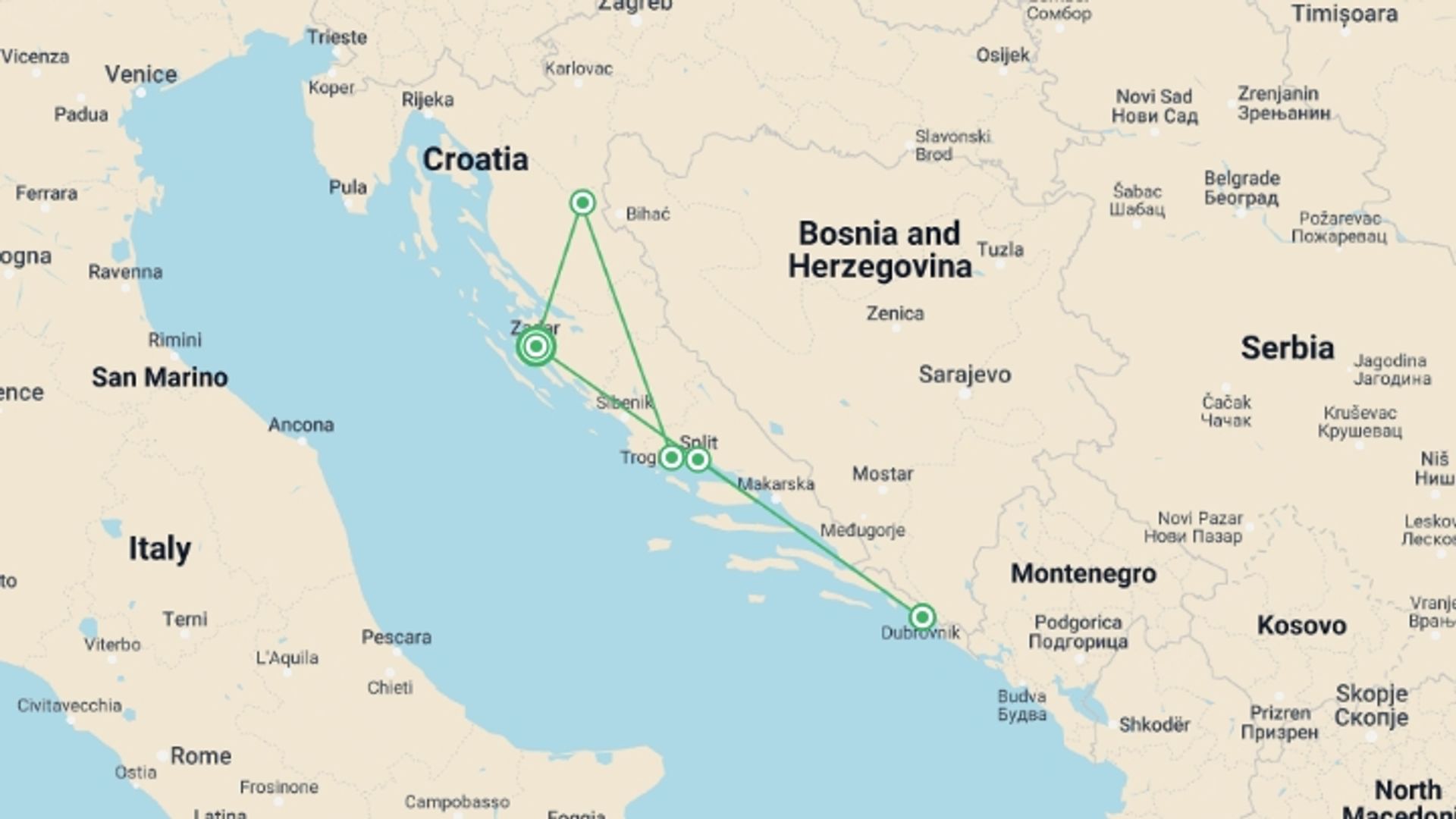 A map showing the tour itinerary for the trip: Unesco Heritage, Self-drive, starting in Zadar, Croatia and ending in Zadar, Croatia going through 3 other destinations.