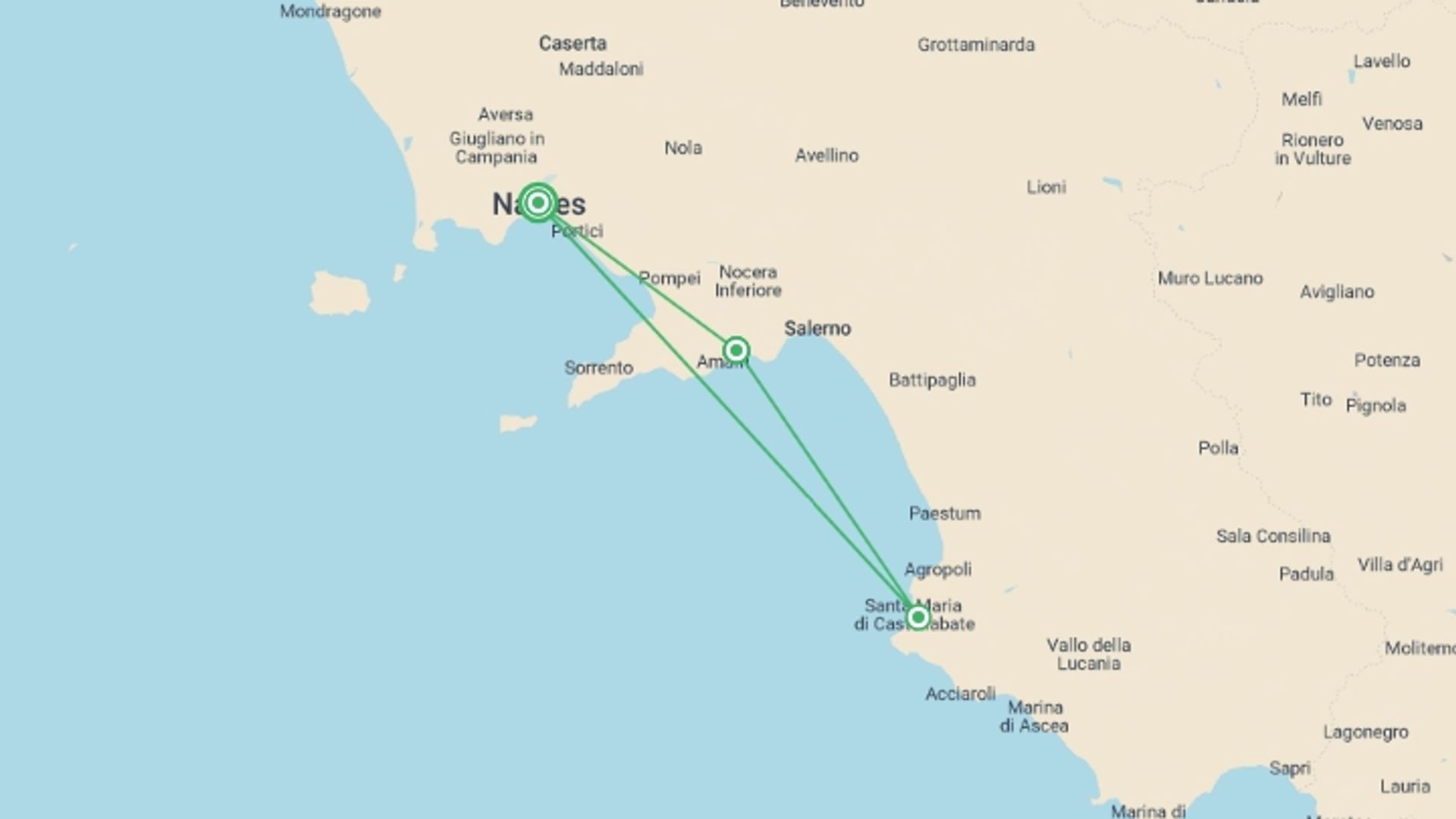 A map showing the tour itinerary for the trip: Enchanting Southern Italy, starting in Naples, Italy and ending in Naples, Italy going through 2 other destinations.