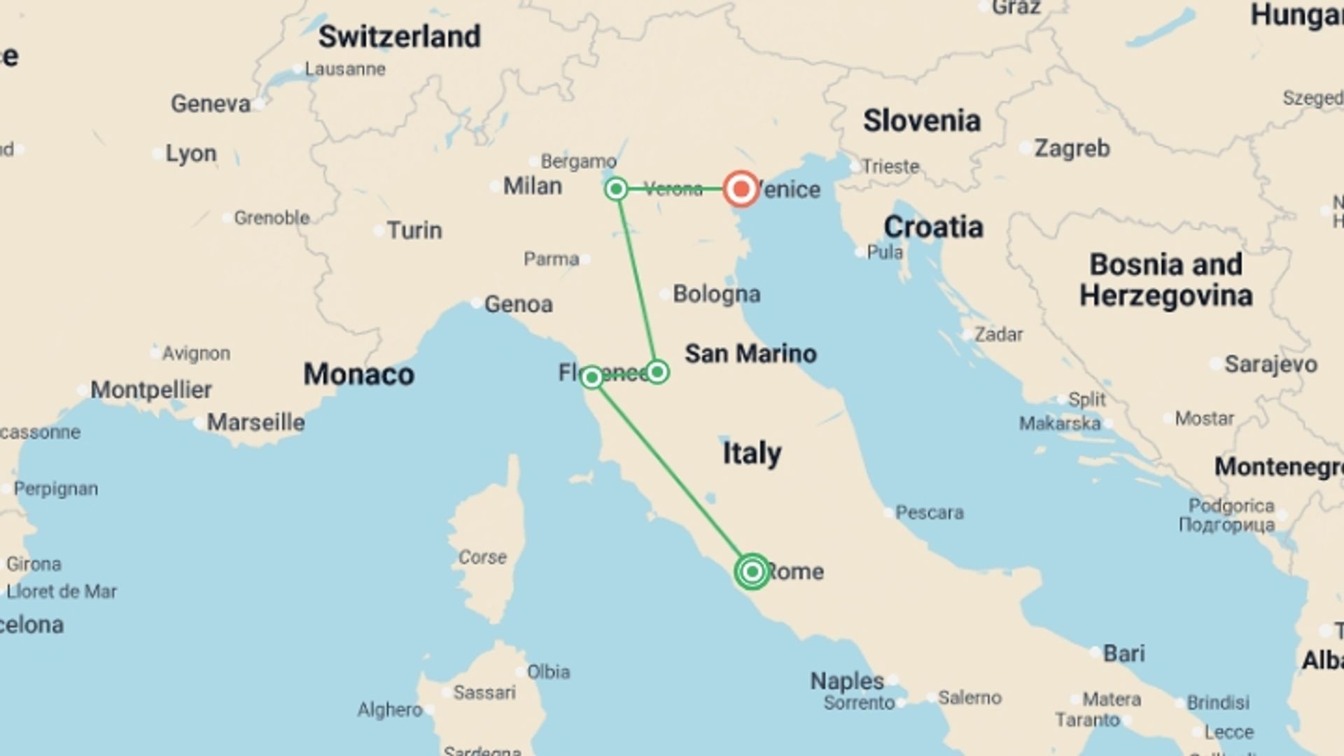 A map showing the tour itinerary for the trip: Jewels of Italy, starting in Rome, Italy and ending in Venice, Italy going through 1 other destinations.