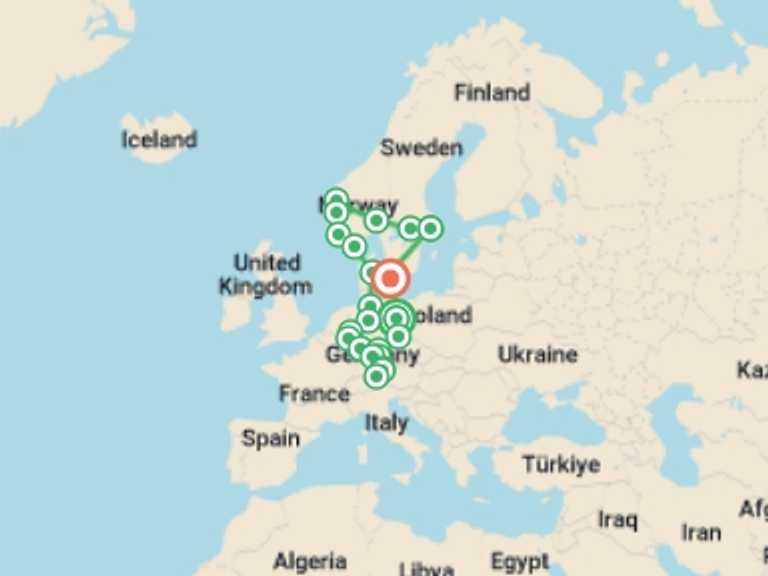 Map itinerary of Europe Tour in July 2026 with 12 destination visits for the trip: Germany and Scandinavia end Copenhagen