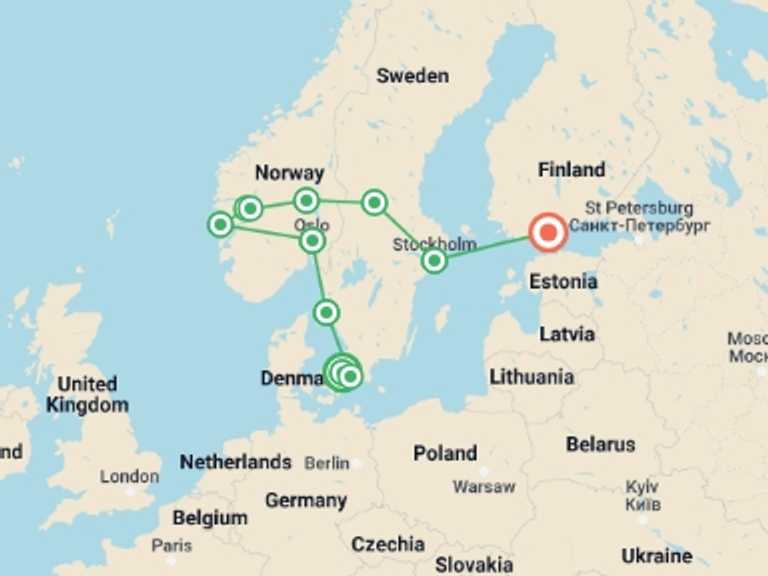 Map of Scandinavia Sightseeing Tour with 10 destination visits for the trip: Complete Scandinavia