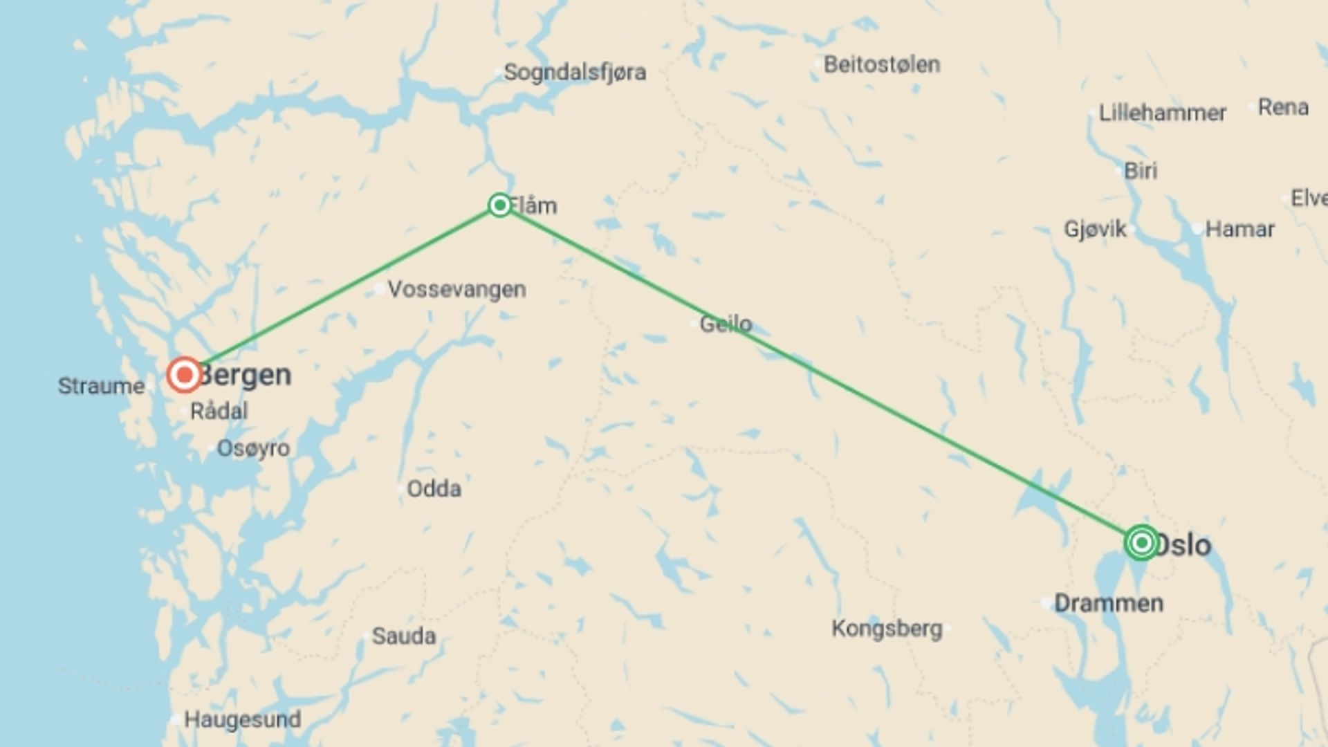 A map showing the tour itinerary for the trip: Vision of Norwegian Fjords in Winter, starting in Oslo, Norway and ending in Bergen, Norway going through 1 other destinations.