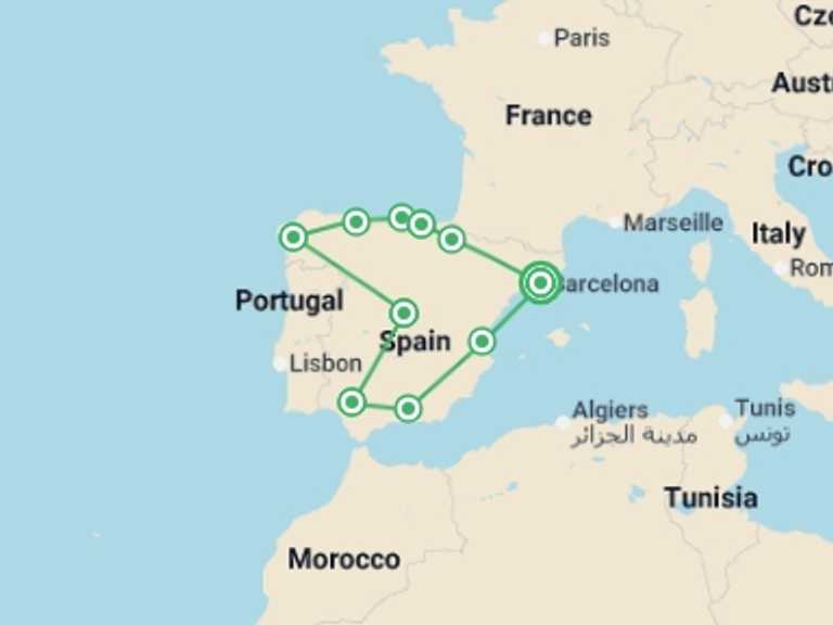 Map itinerary of Mediterranean Tour in June 2026 with 9 destination visits for the trip: Spanish Heritage