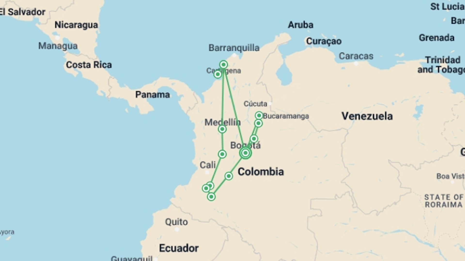 A map showing the tour itinerary for the trip: Intense Colombia Tour, starting in Bogota, Colombia and ending in Bogota, Colombia going through 8 other destinations.