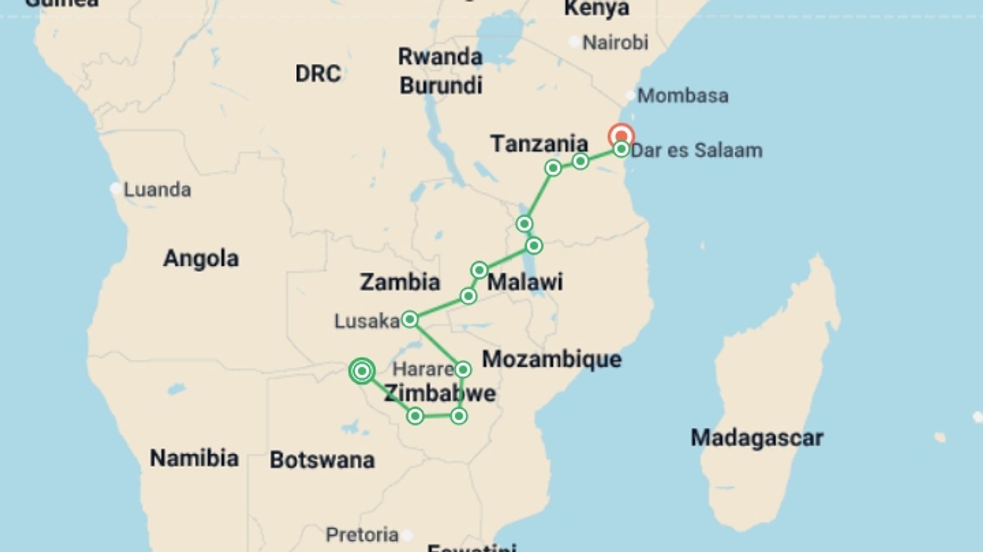 A map showing the tour itinerary for the trip: Victoria Falls to Stone Town, starting in Victoria Falls, Zimbabwe and ending in Zanzibar, Tanzania going through 12 other destinations.