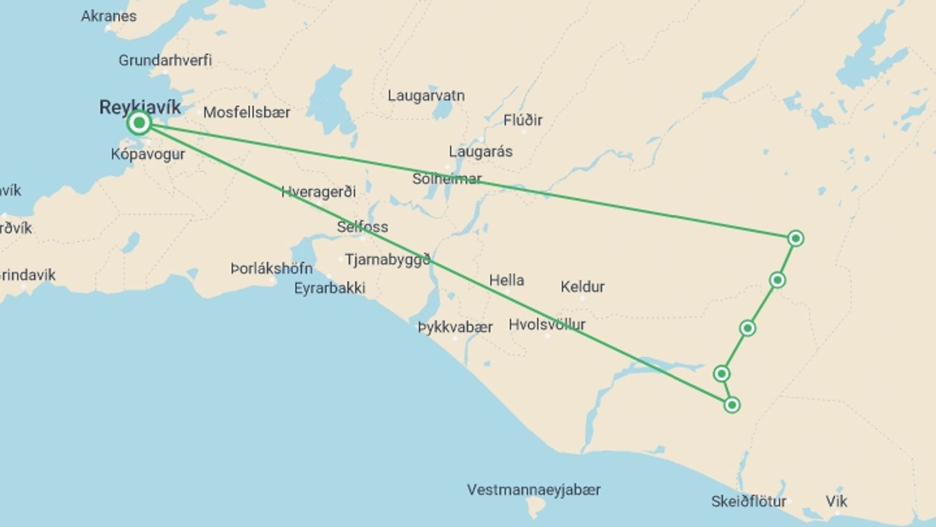 A map showing the tour itinerary for the trip: 6-Day Laugavegur & Fimmvörðuháls Trek in Huts, starting in Reykjavik, Iceland and ending in Reykjavik, Iceland going through 6 other destinations.
