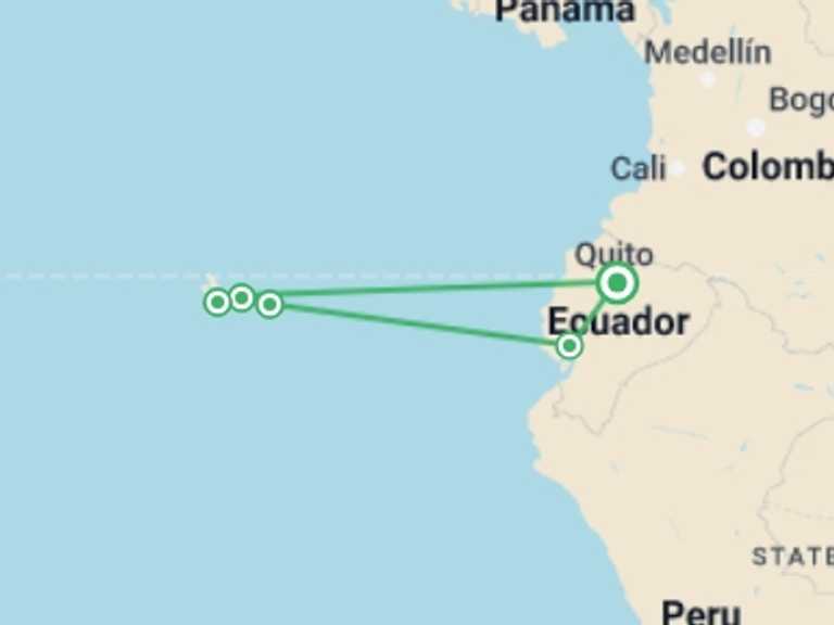 Map itinerary of Quito Tour in December 2026 with 5 destination visits for the trip: Galapagos Island Hopper