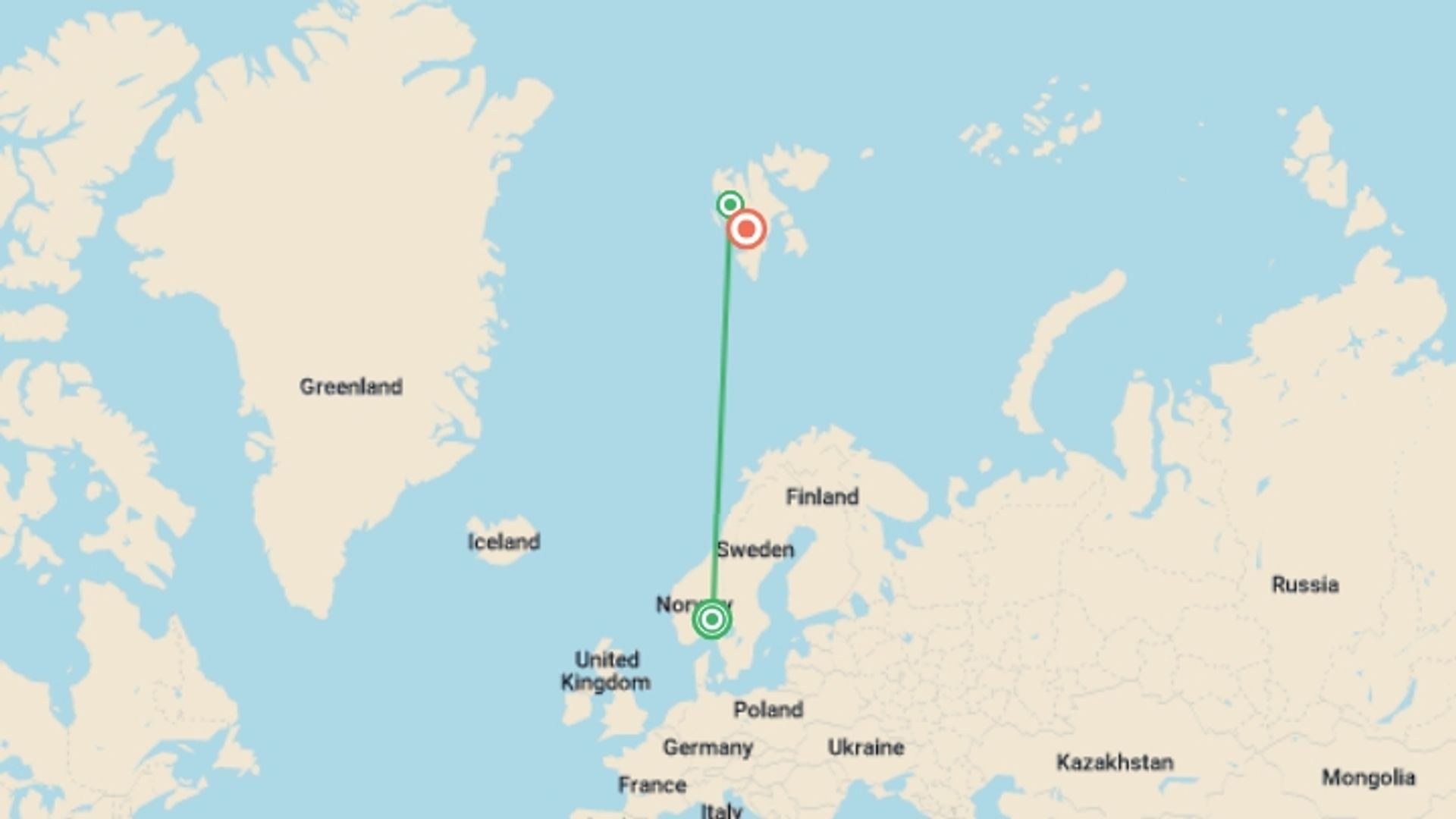 A map showing the tour itinerary for the trip: Realm of the Polar Bear - M/V Greg Mortimer, starting in Oslo, Norway and ending in Longyearbyen, Norway going through 1 other destinations.