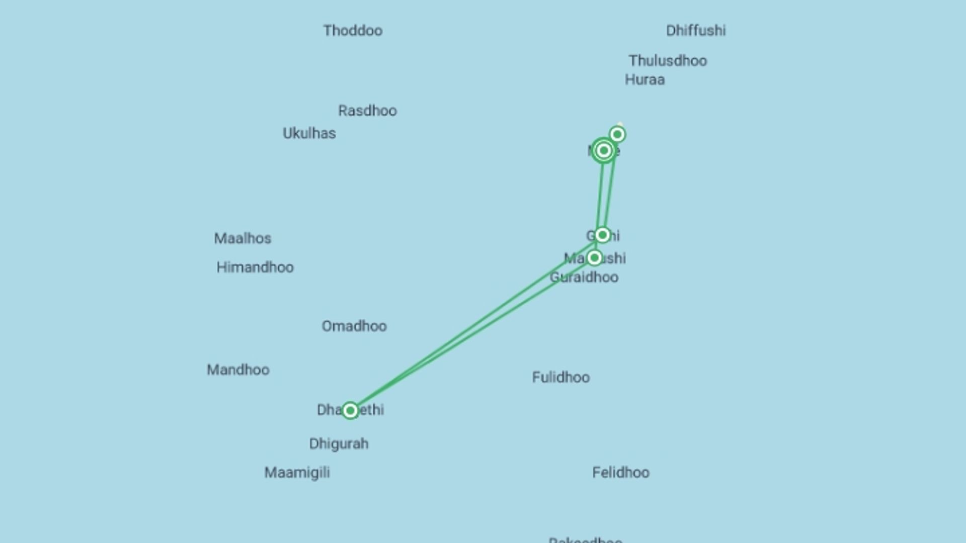 A map showing the tour itinerary for the trip: Maldives Whale Shark Conservation Cruise - 8 days, starting in Male, Maldives and ending in Male, Maldives going through 4 other destinations.
