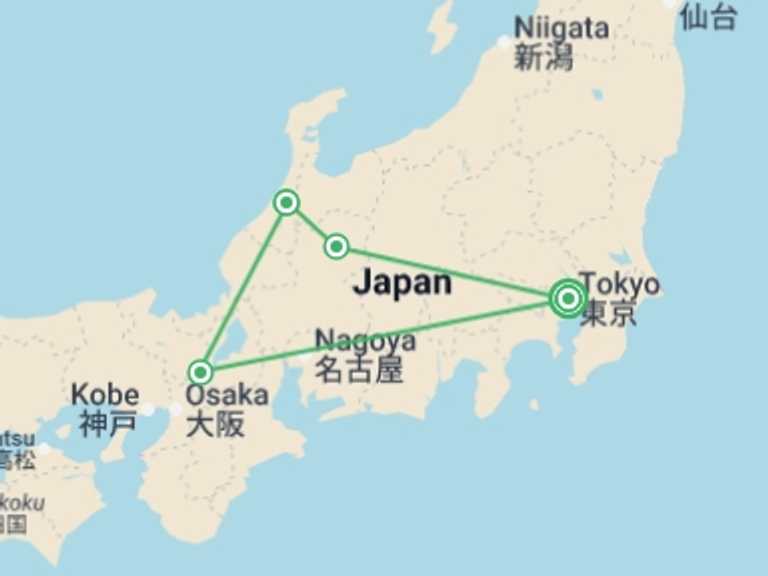 Map of Japan Tour with 4 destination visits for the trip: Feudal Japan