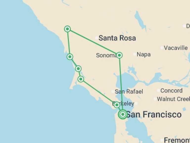 Map itinerary of San Francisco Tour in October 2026 with 4 destination visits for the trip: San Francisco, Redwoods & Vineyards - 5 days