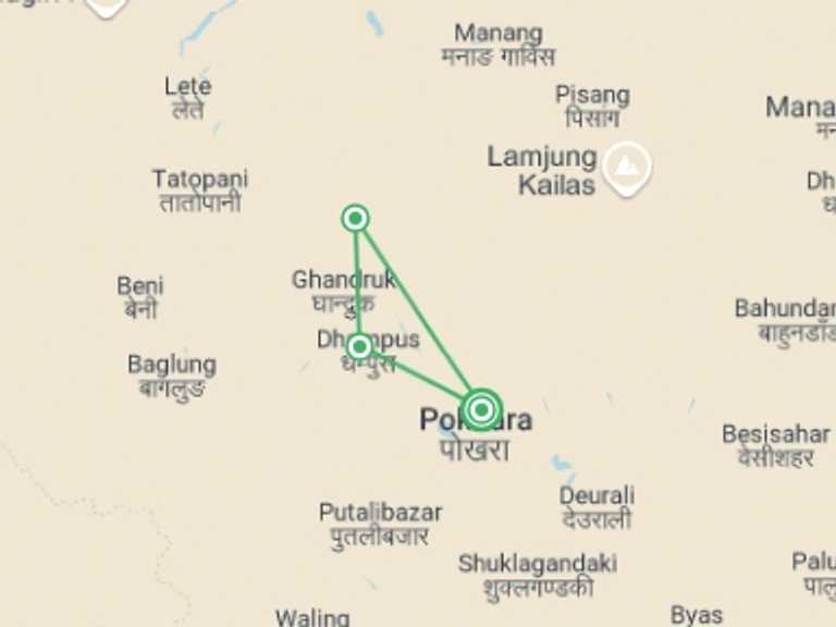 Map itinerary of Pokhara Tour in June 2027 with 3 destination visits for the trip: Ghandruk Loop Trek from Pokhara