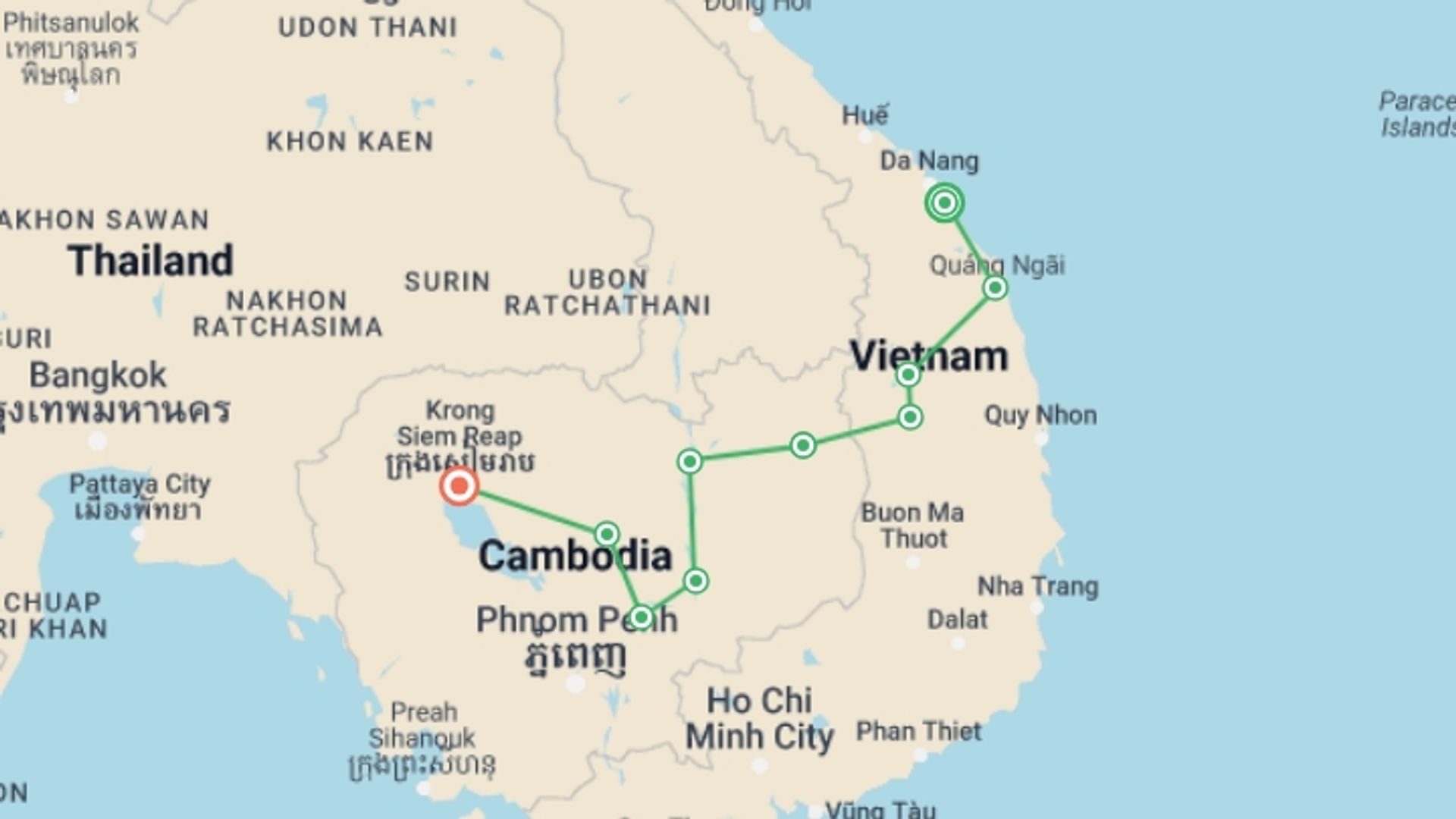 A map showing the tour itinerary for the trip: Cultural Road from Hoi An to Angkor Wat, starting in Hoi An, Vietnam and ending in Siem Reap, Cambodia going through 9 other destinations.