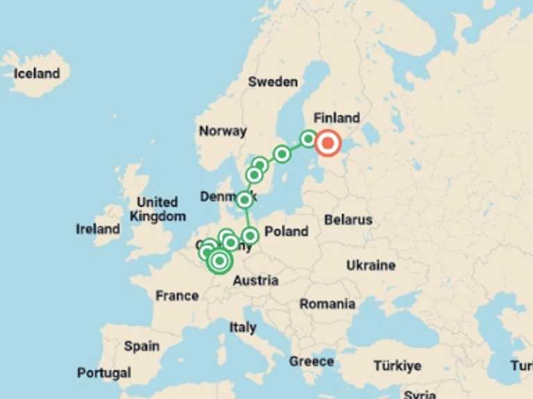 Map of Europe Tour with 8 destination visits for the trip: German Trek End Helsinki