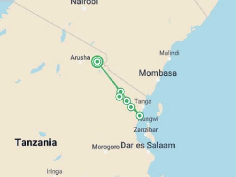 Map itinerary of Moshi Tour in February 2026 with 6 destination visits for the trip: Mount Usambara to Coast Bike Tour