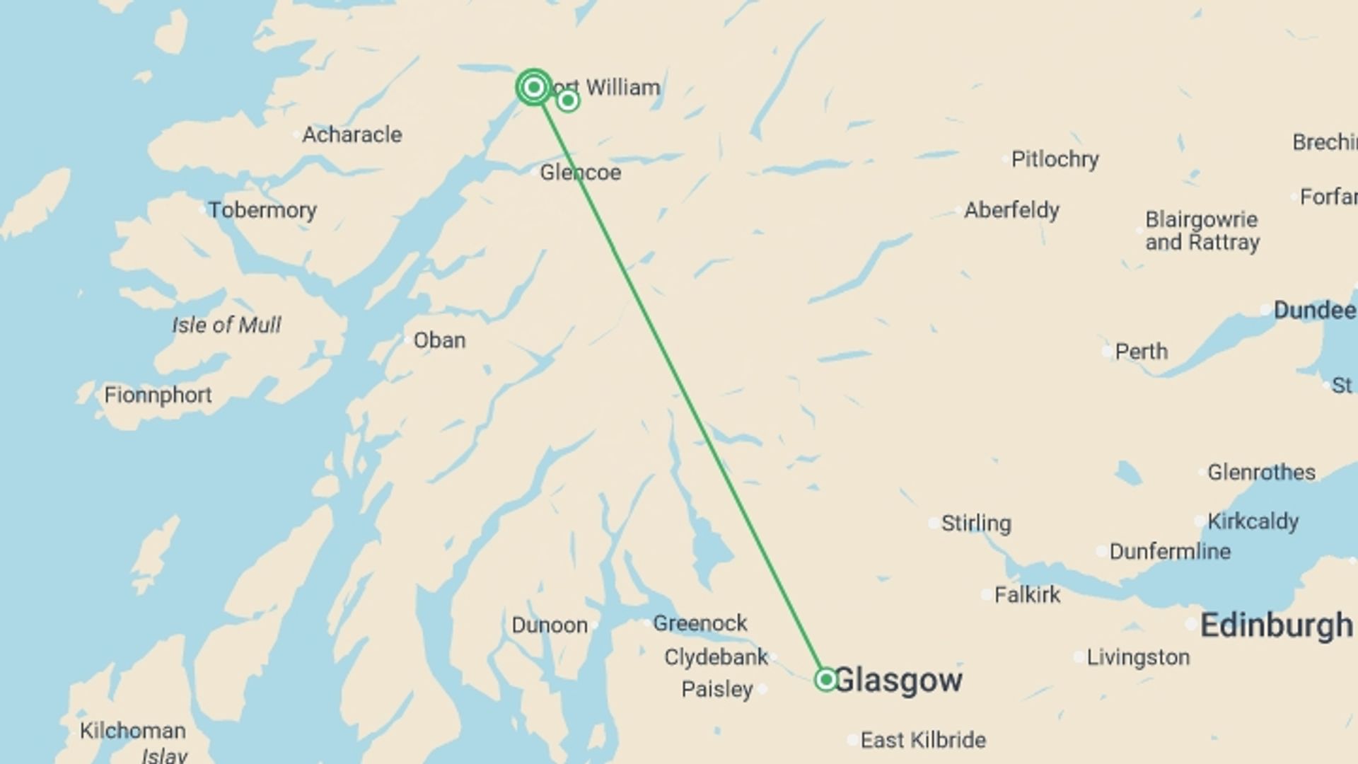 A map showing the tour itinerary for the trip: Classic Walks of Scotland, starting in Fort William, Scotland and ending in Fort William, Scotland going through 2 other destinations.