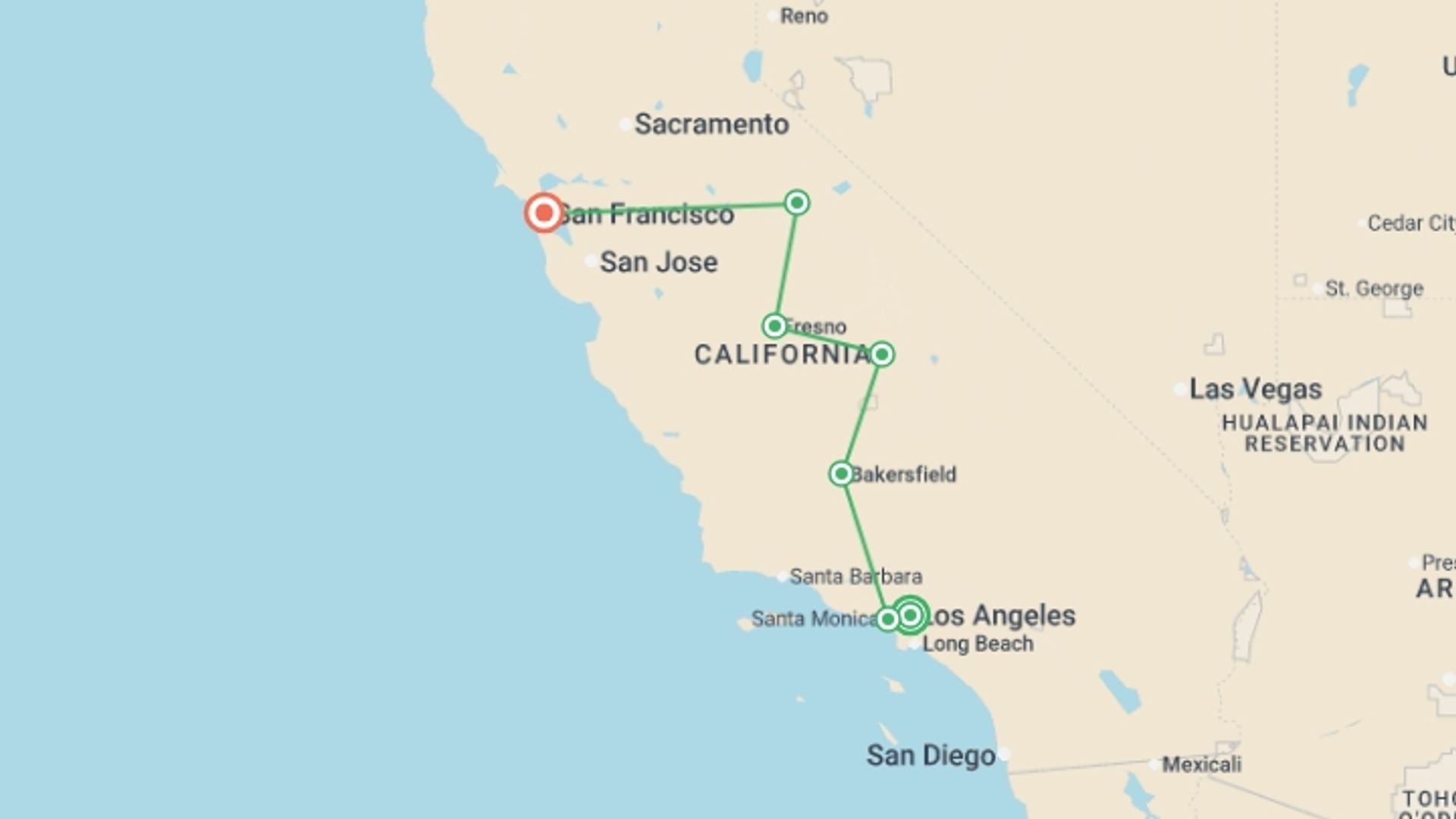 A map showing the tour itinerary for the trip: Fascinating West, Ending in San Francisco, starting in Los Angeles, USA and ending in San Francisco, USA going through 2 other destinations.
