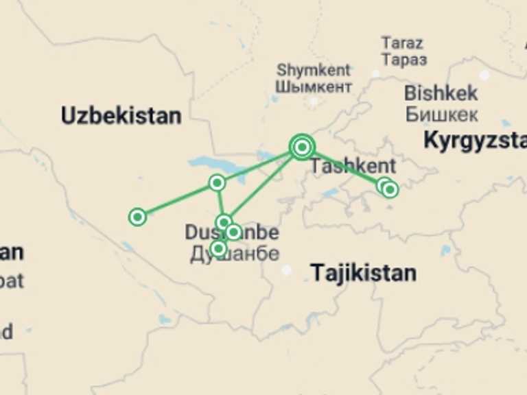 Map itinerary of Uzbekistan Tour in July 2026 with 5 destination visits for the trip: Uzbekistan Eco-Tour: Folks & Crafts