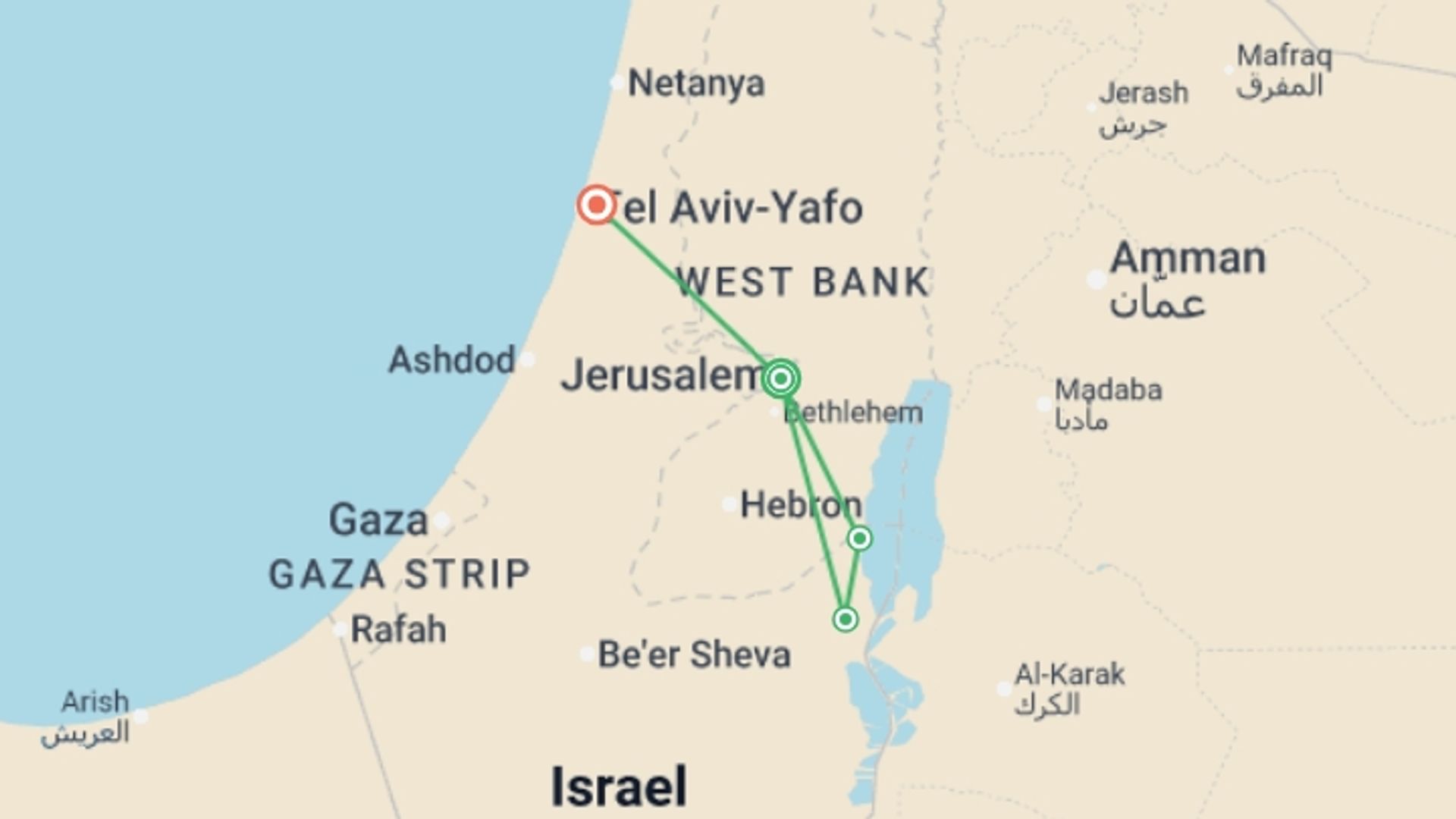 A map showing the tour itinerary for the trip: Jerusalem & Tel Aviv Adventure 7D/6N, starting in Jerusalem, Israel and ending in Tel Aviv, Israel going through 0 other destinations.