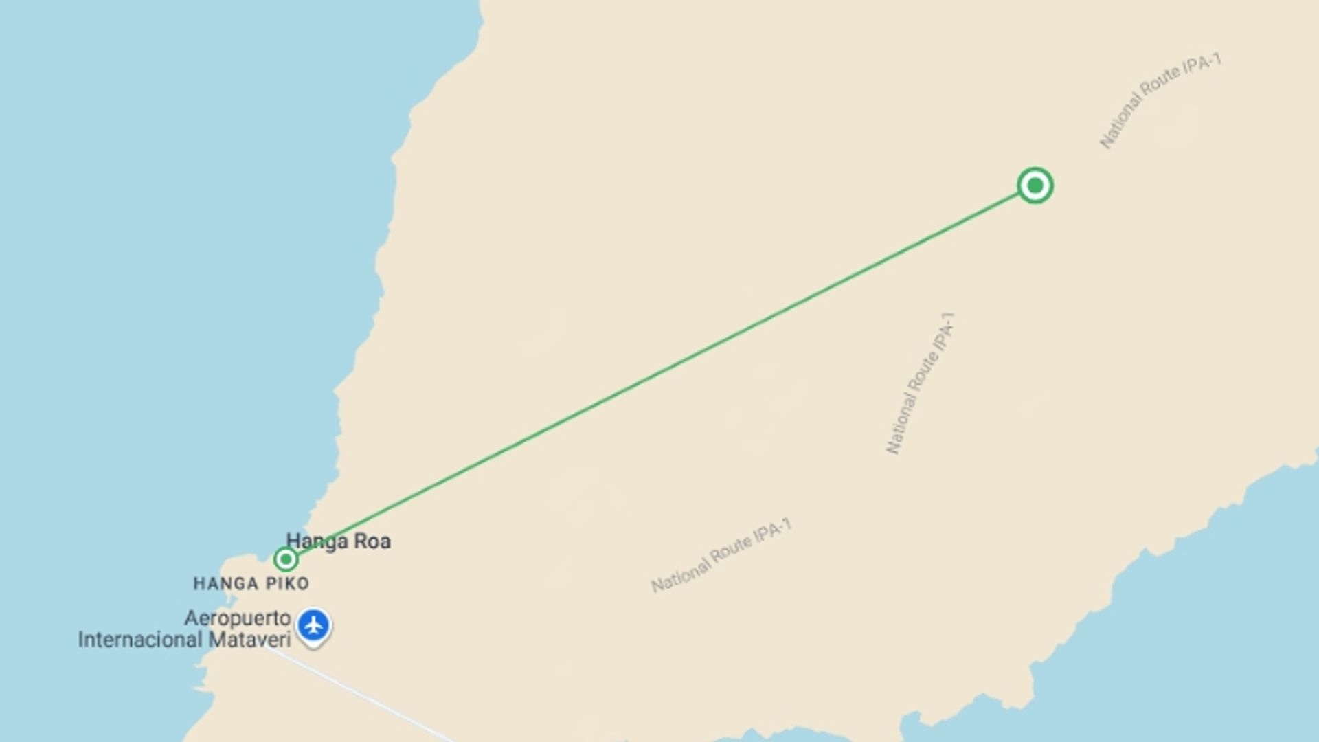 A map showing the tour itinerary for the trip: Easter Island Independent Short Break, starting in Easter Island, Chile and ending in Easter Island, Chile going through 1 other destinations.
