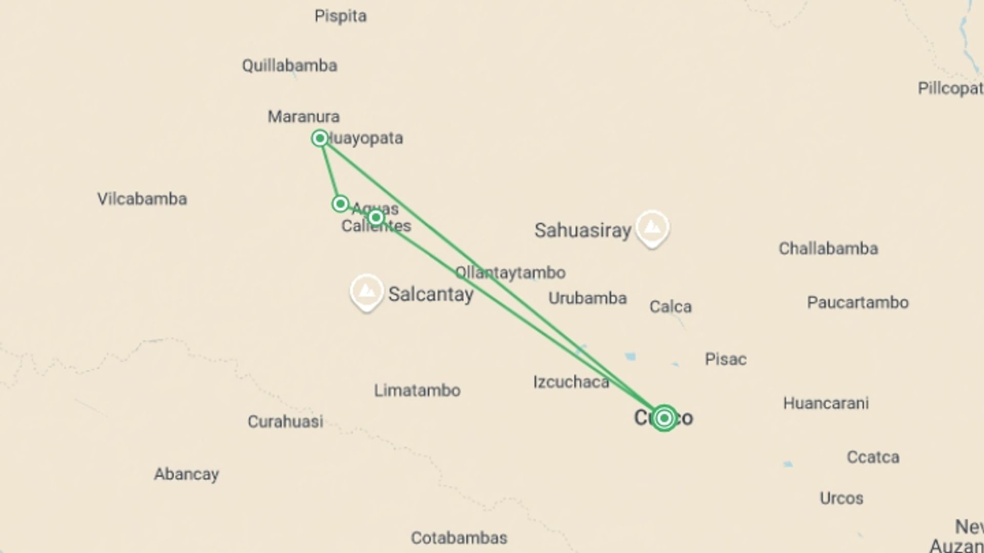 A map showing the tour itinerary for the trip: Inca Jungle Backpacker Trek to Machu Picchu 4D/3N, starting in Cusco, Peru and ending in Cusco, Peru going through 3 other destinations.