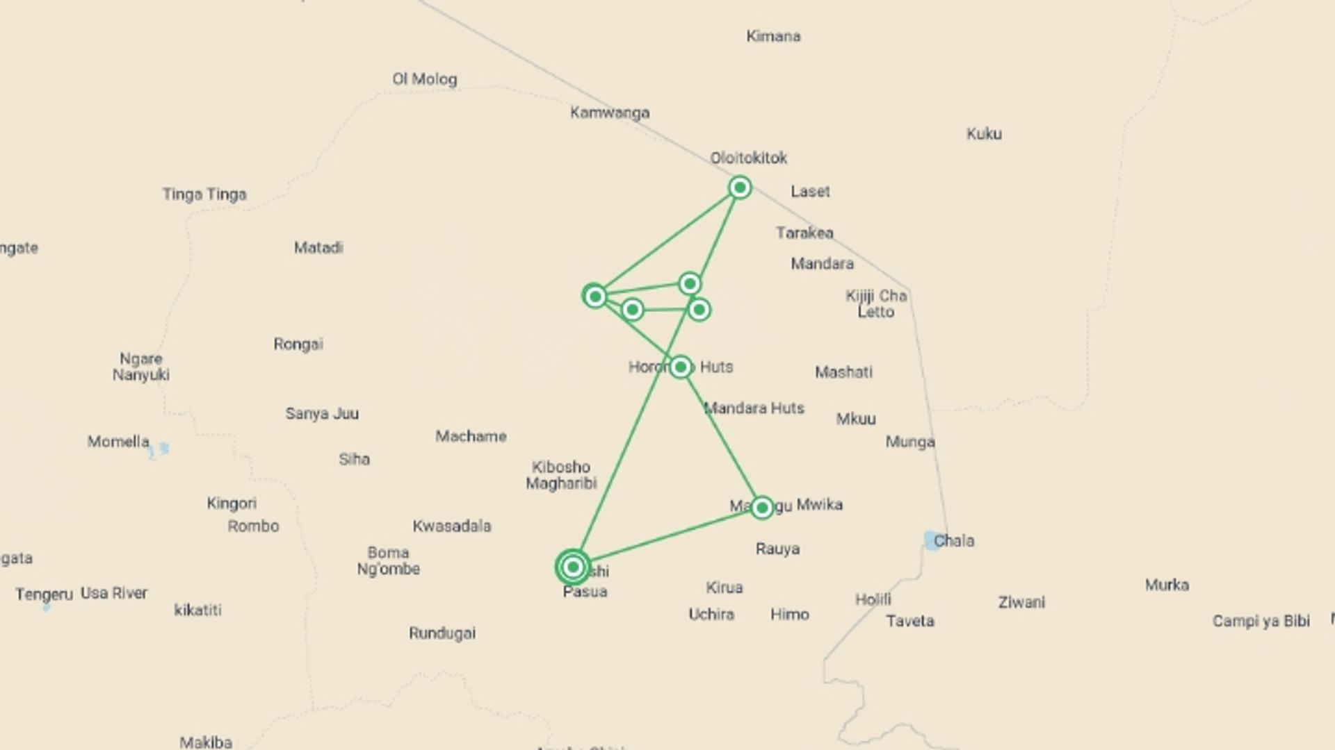 A map showing the tour itinerary for the trip: 7 Day Mount Kilimanjaro trekking through Rongai route, starting in Moshi, Tanzania and ending in Moshi, Tanzania going through 8 other destinations.