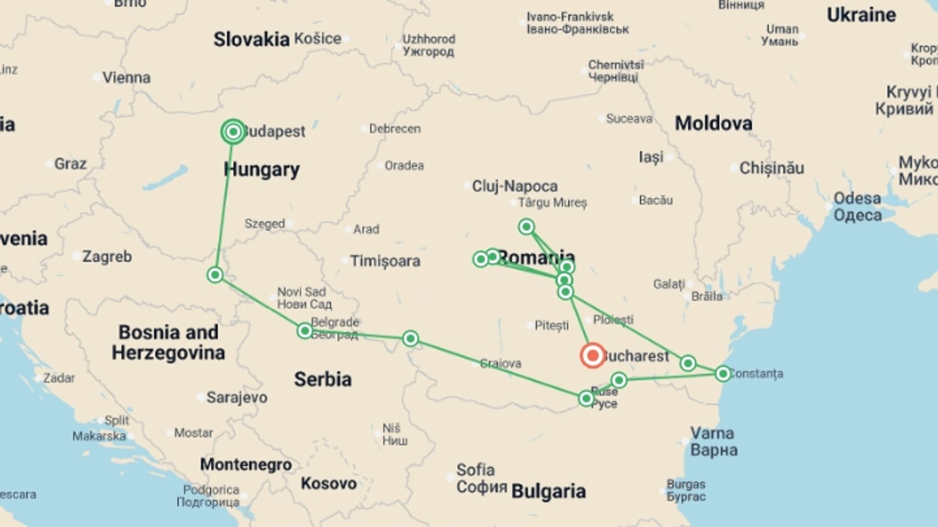 A map showing the tour itinerary for the trip: Along the river Danube, Budapest and the Balkan peninsula (port-to-port cruise), starting in Budapest, Hungary and ending in Bucharest, Romania going through 8 other destinations.