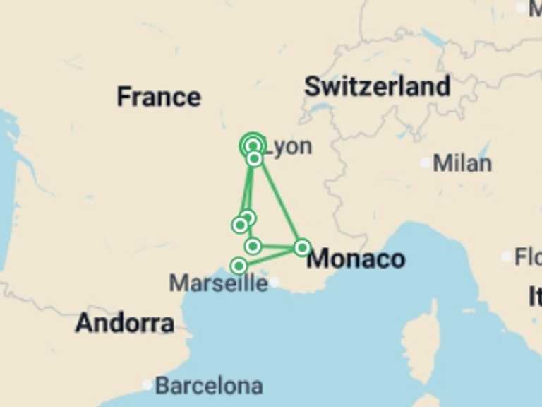 Map itinerary of France Tour in May 2026 with 4 destination visits for the trip: All the must-see sites on the Rhône between Lyon, Provence, and the Camargue with a dinner at Paul Bocuse's Abbaye de Collonges Restaurant OFFERED (port-to-port cruise)
