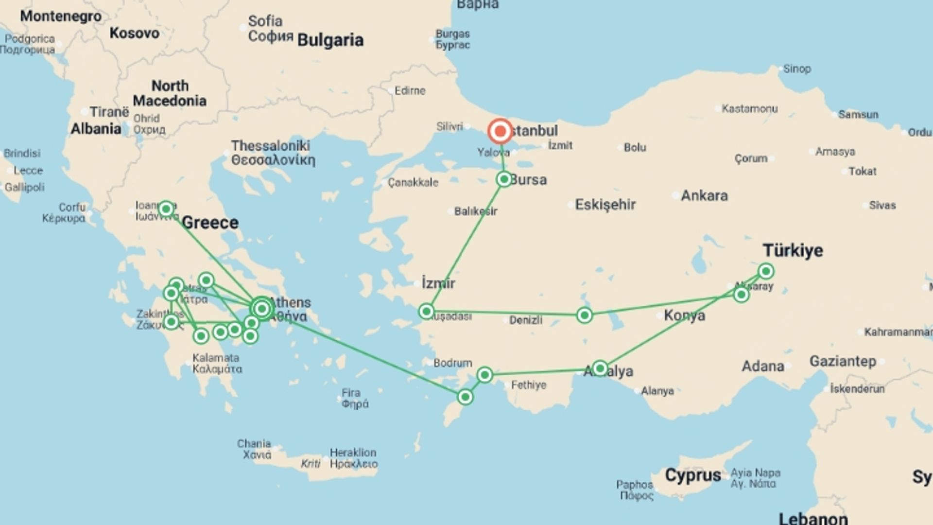 A map showing the tour itinerary for the trip: Complete Greece and Turkish Tour, starting in Athens, Greece and ending in Istanbul, Turkey going through 13 other destinations.