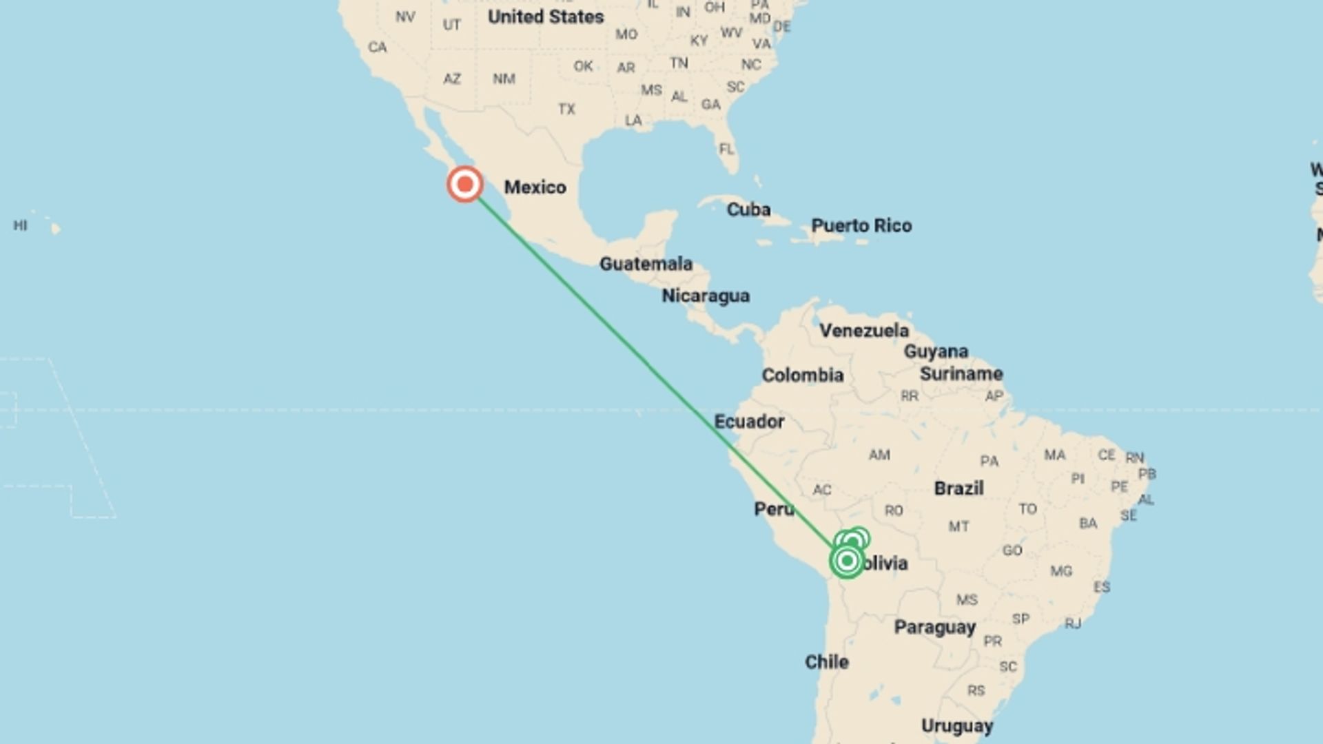 A map showing the tour itinerary for the trip: Madidi & Pampas Amazon Air-Expedition 5D/4N, starting in La Paz, Bolivia and ending in La Paz, Mexico going through 3 other destinations.