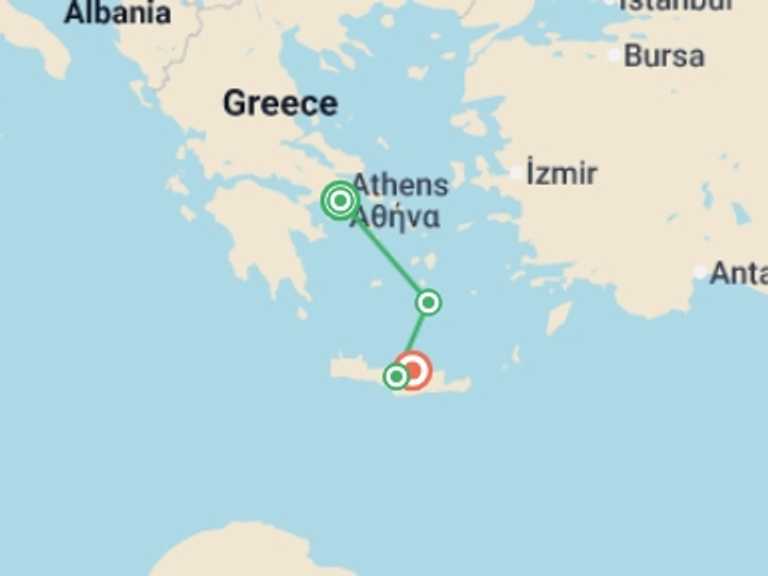 Map of a Explorer Tour with 4 destination visits for the trip: Athens, Santorini & Crete - 7 days