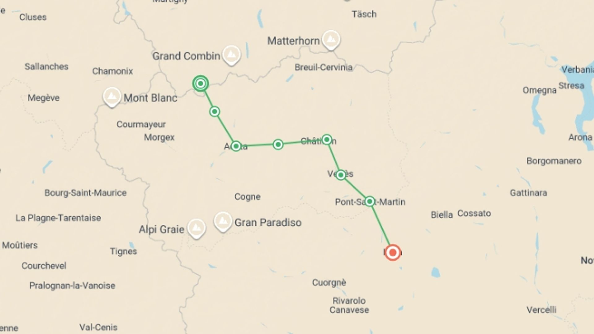 A map showing the tour itinerary for the trip: Via Francigena: from the Great St Bernard Pass, starting in Great St Bernard Pass, Switzerland and ending in Ivrea, Italy going through 6 other destinations.