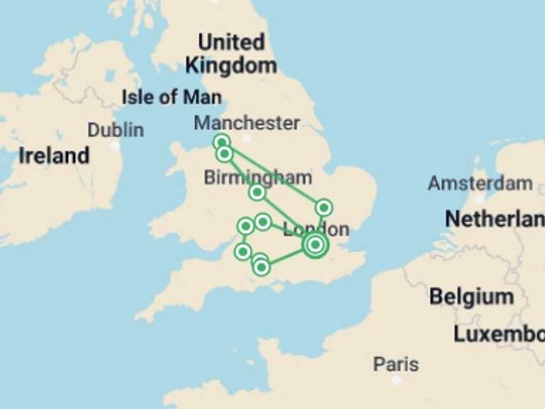 Map of London Explorer Tour with 4 destination visits for the trip: Touring Southern England