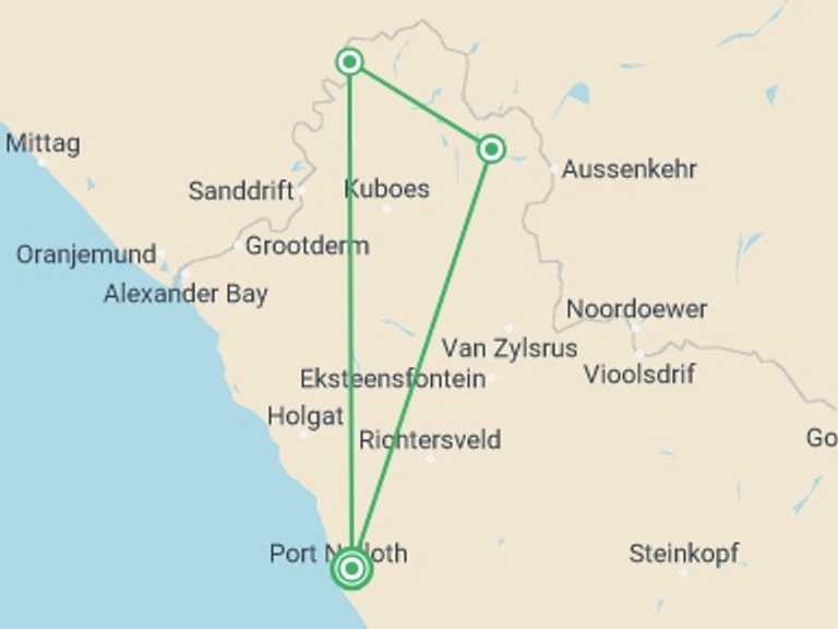 Map itinerary of Cape Town Tour in January 2027 with 4 destination visits for the trip: Richtersveld 4 days 5 nights