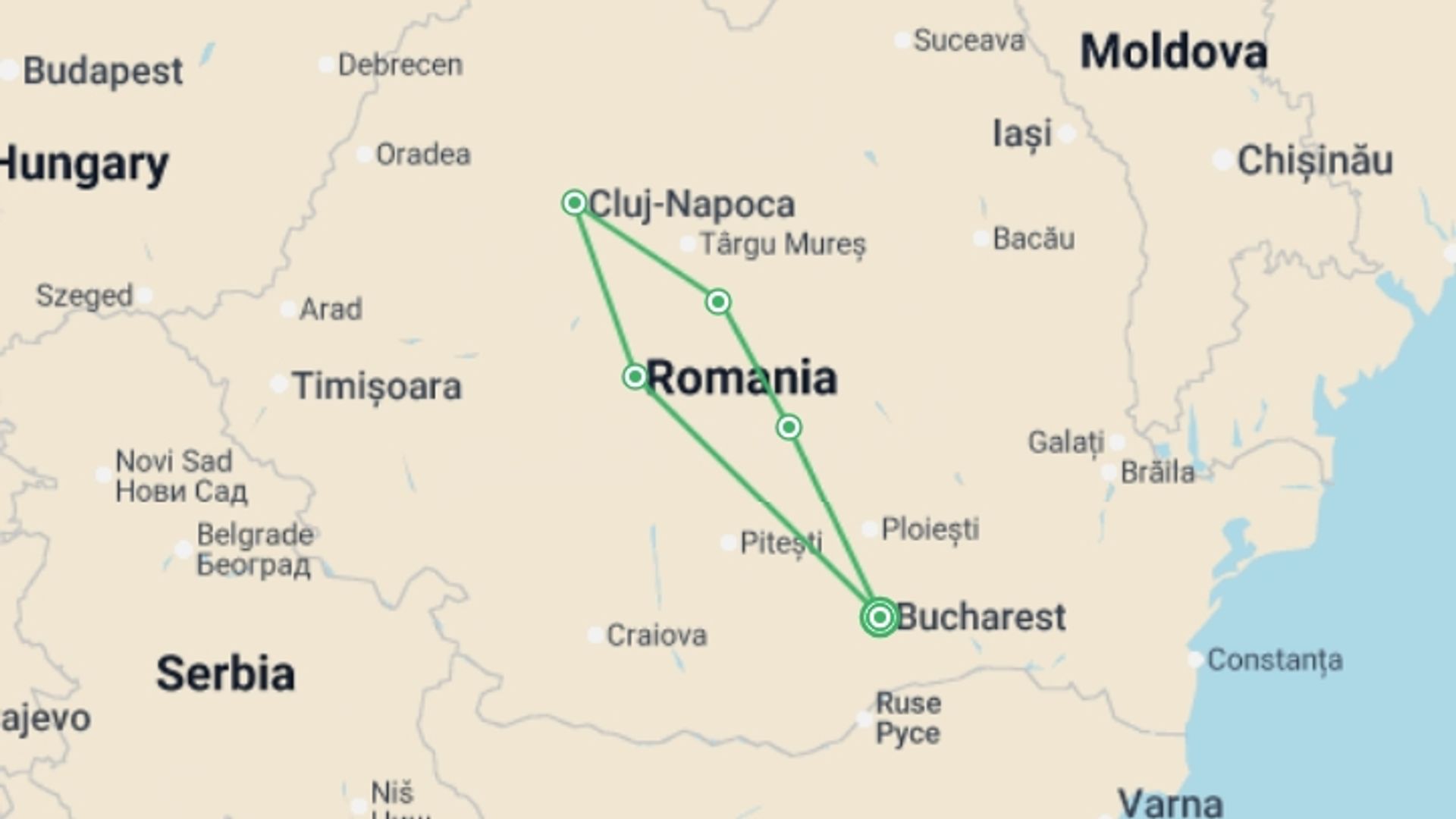 A map showing the tour itinerary for the trip: Halloween in Transylvania Tour with 3 Halloween Parties, starting in Bucharest, Romania and ending in Bucharest, Romania going through 5 other destinations.