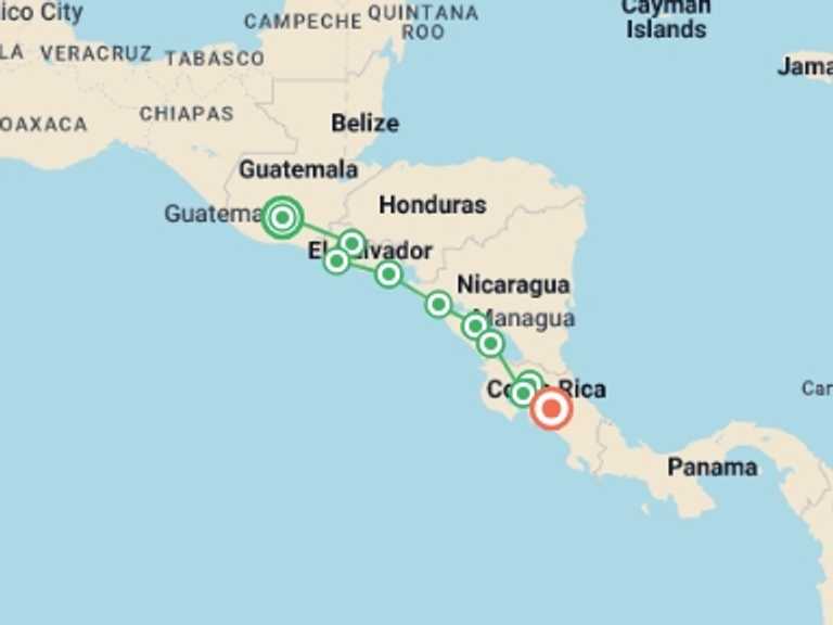 Map itinerary of Monteverde Cloud Forest Biological Preserve Tour in August 2026 with 11 destination visits for the trip: Real Guatemala to Costa Rica