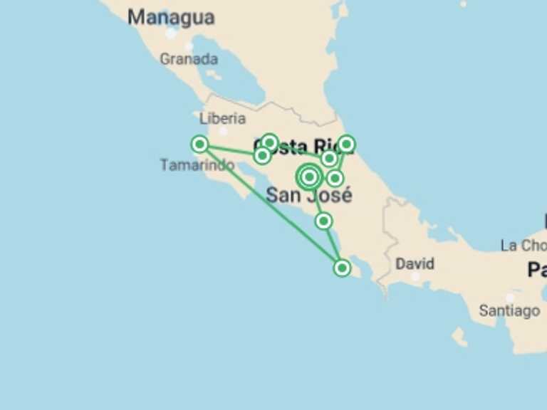 Map of 14-Day San Jose Tour with 9 destination visits for the trip: Upgraded - Costa Rica Wildlife