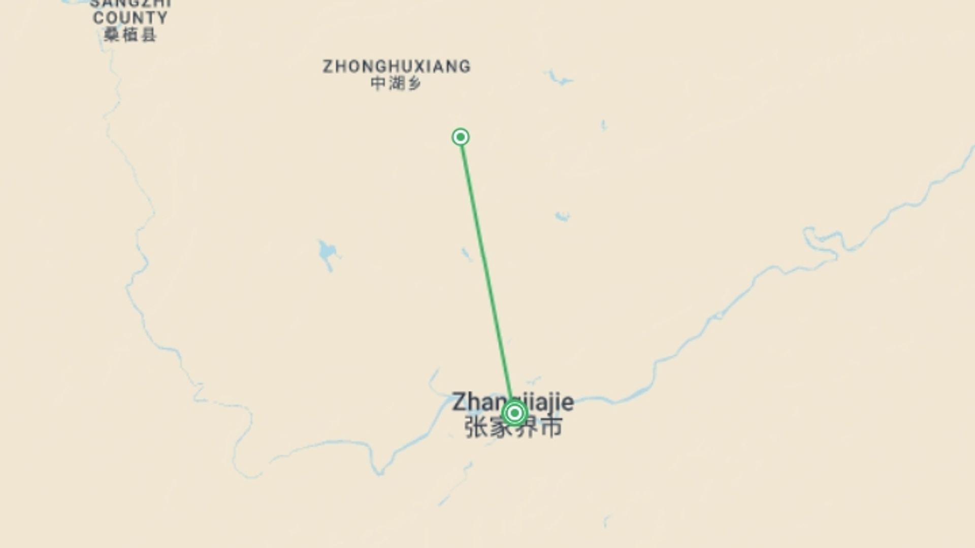 A map showing the tour itinerary for the trip: Zhangjiajie’s Natural Mountain Majesty Tour, starting in Zhangjiajie, China and ending in Zhangjiajie, China going through 1 other destinations.