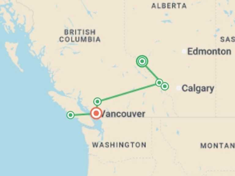 Map of Canada Tour with 6 destination visits for the trip: Western Canada: See & Experience it all in 10 days 