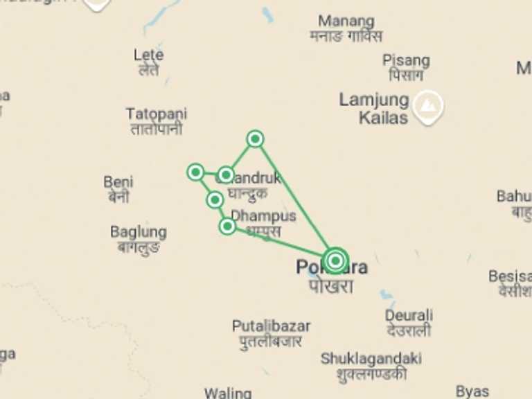 Map itinerary of Poonhill trek Tour in July 2027 with 6 destination visits for the trip: Ghorepani Poon Hill Trek
