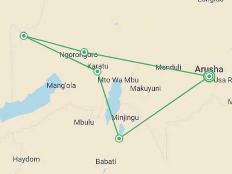 Map itinerary of Tanzania Tour in April 2027 with 3 destination visits for the trip: 3 Days - Tanzania Ndutu Safari: Three Days
