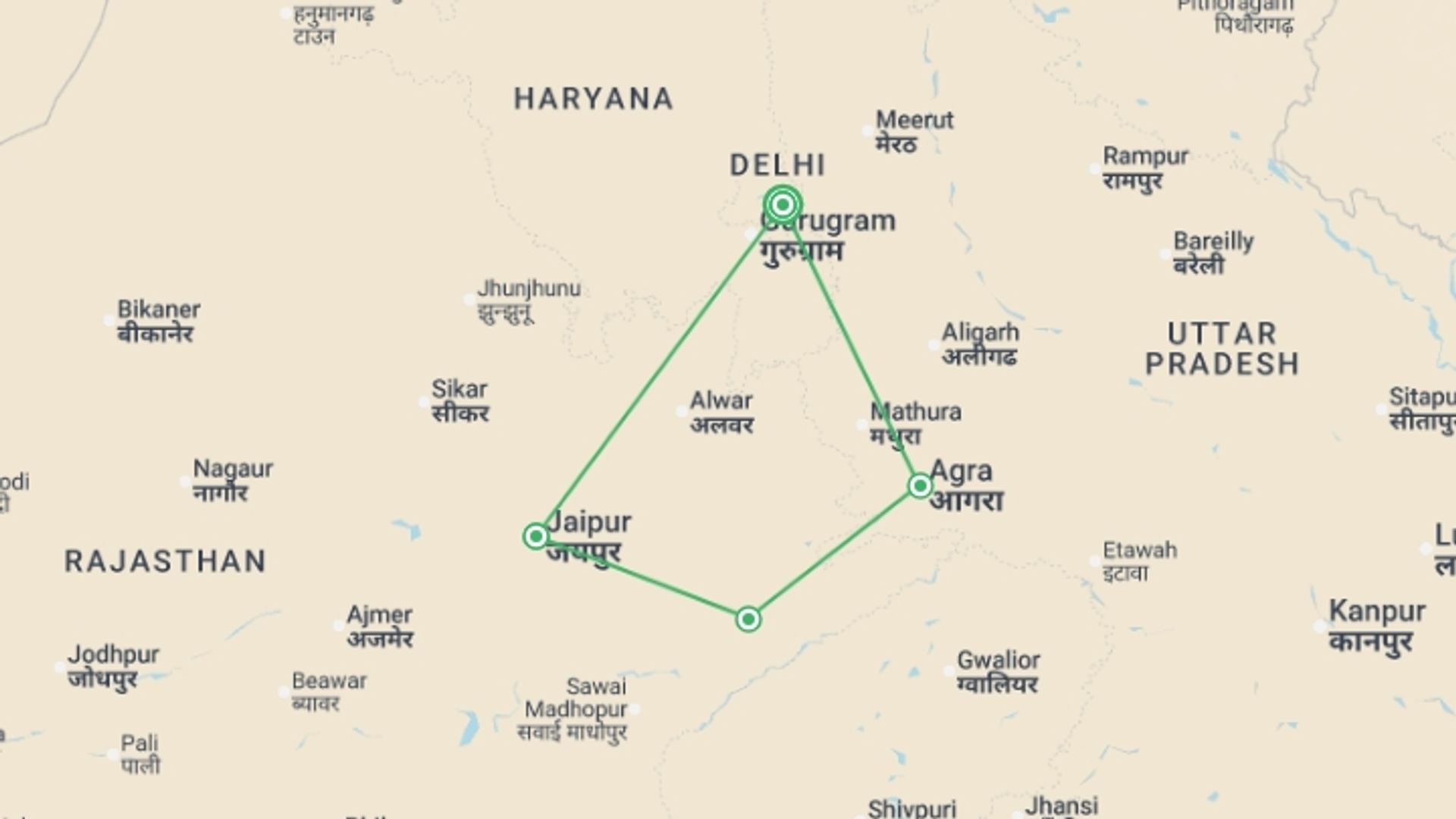 A map showing the tour itinerary for the trip: Taj Express - 8 days, starting in New Delhi, India and ending in New Delhi, India going through 3 other destinations.