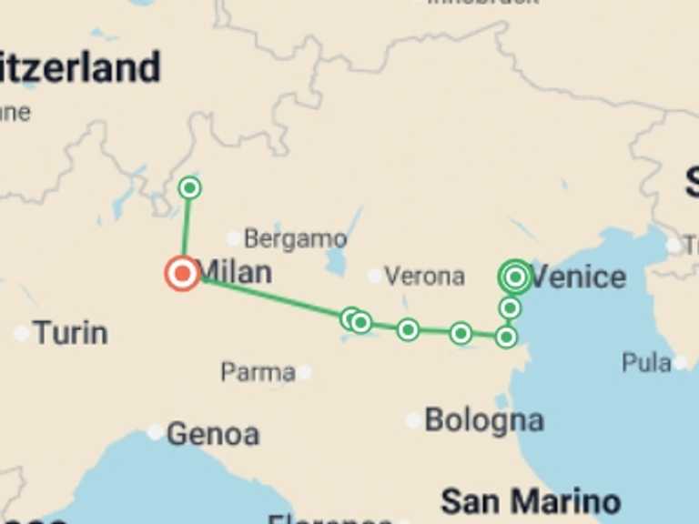 Map of Europe Tour with 6 destination visits for the trip: From the Canals of Venice to Renaissance-infused Mantua & Milan and Lake Como Extended Stay (port-to-port cruise)