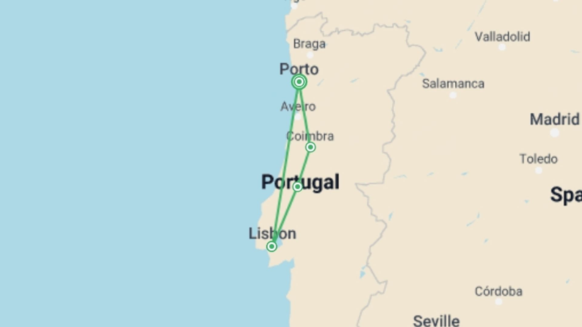 A map showing the tour itinerary for the trip: Lisbon, Fatima & Coimbra, 6 Day Tour From Porto, starting in Porto, Portugal and ending in Porto, Portugal going through 2 other destinations.